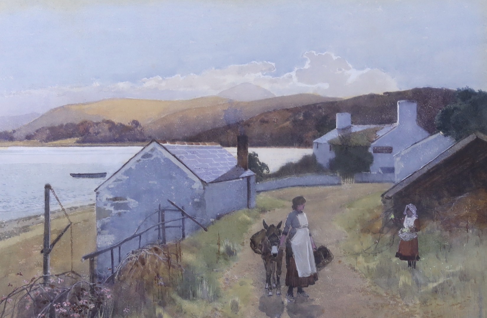 Attributed to Carleton Grant (1860-1930), watercolour, figures and cottages amongst a coastal-scape, 31 x 47cm
